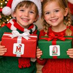 Personalized Classic Santa Claus Christmas Tree Initial Waterproof Square Stickers Labels with Name Gift Decor Christmas Party Gift for Kids Friends