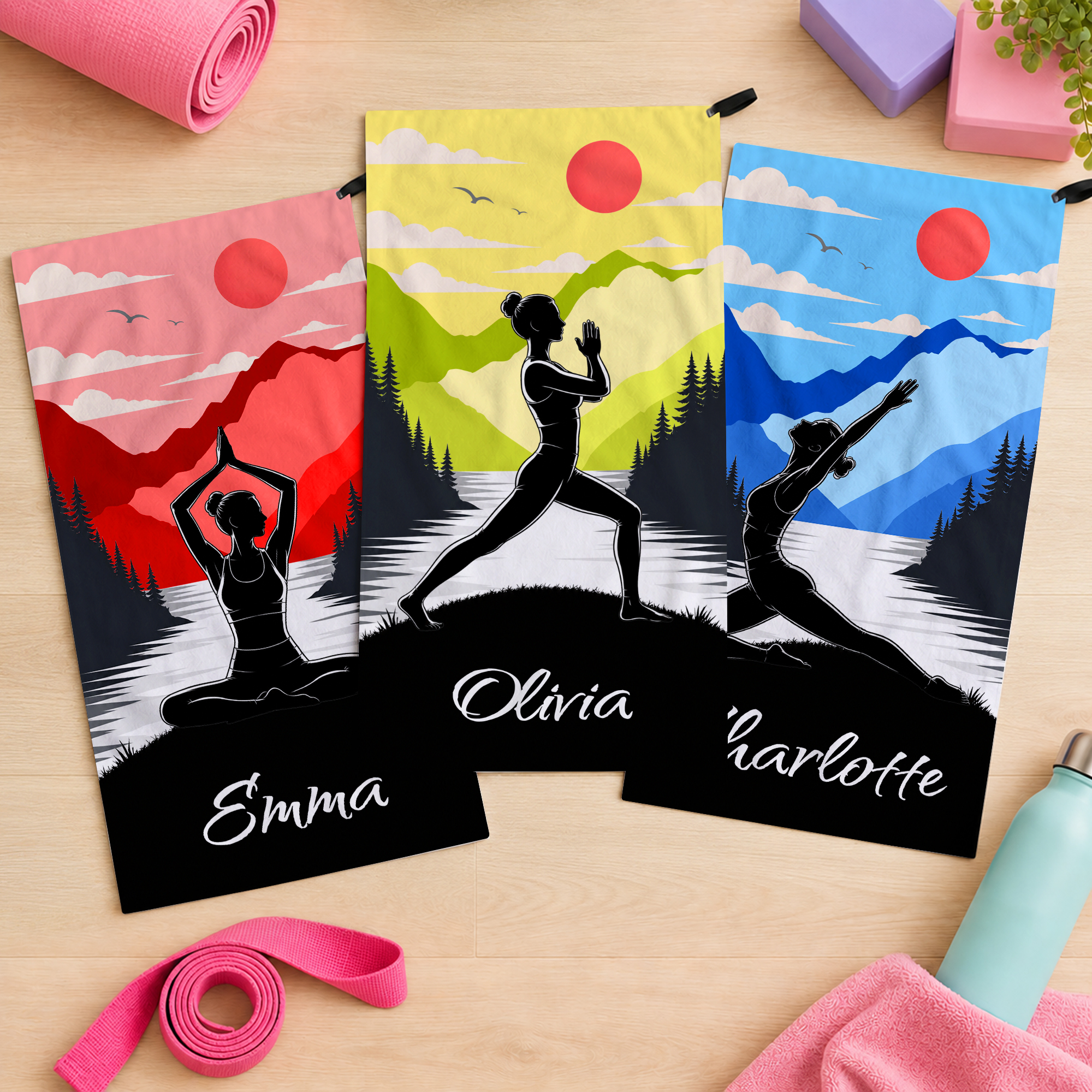 Personalisiertes, mehrfarbiges Yoga-Silhouetten-Sporttuch – schnell trocknend und saugfähig – mit Namen und Kordel mit Druckknopf – Geburtstagsgeschenk für Yoga-Liebhaber