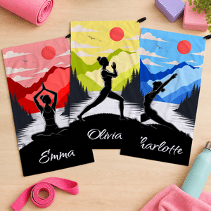 Personalized Multicolour Yoga Silhouette Quick-Dry Absorbent Sports Towel with Name and Snap-Buttom Lanyard Birthday Gift for Yoga Lovers