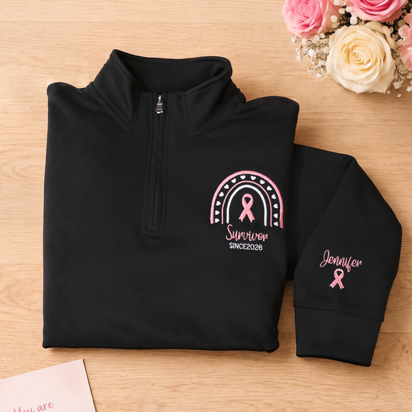 Personalised Embroidery Pink Ribbon T-shirt Sweatshirt Hoodie with Title and Text Cancer Recovery Gift for Breast Cancer Survivor