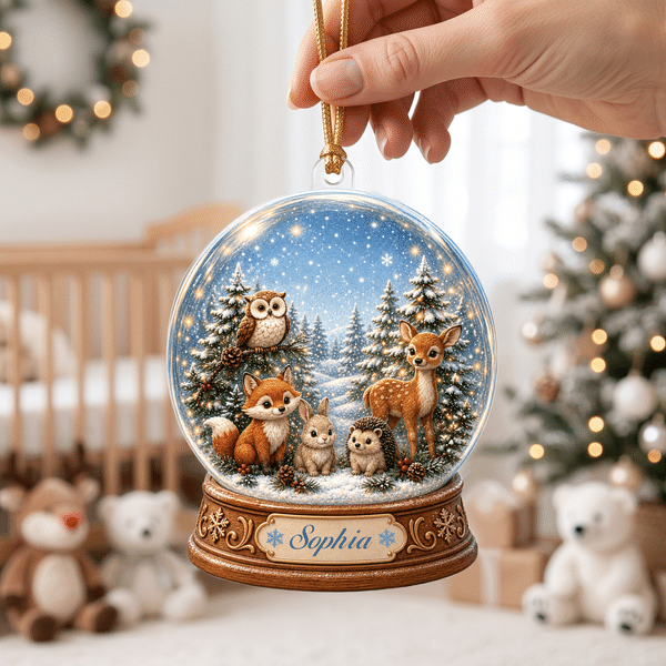 Personalized 3D-Effect Artwork Nordic Animals Crystal Ball Shaped Acrylic Ornament with Name Home Decor Christmas Gift for Newborns New Parents