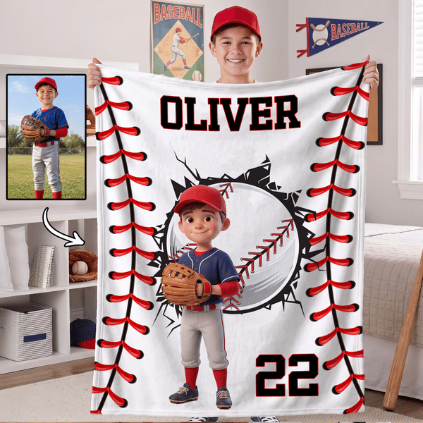 Personalized 3D-Effect Artwork Ball Sports Cartoon Photo Soft Throw Blanket with Name and Number Game Day Birthday Gift for Sports Lovers