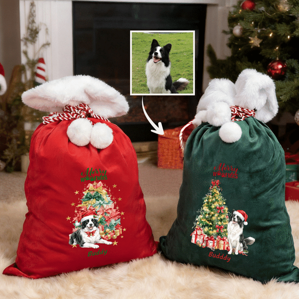 Personalized Christmas Watercolor Pet Photo Velvet Pom-Pom Santa Sack with Name Christmas Gift for Cat Dog Lovers