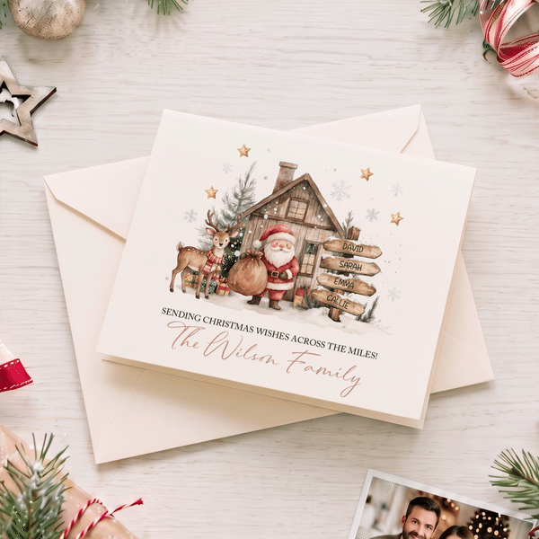 Personalized Watercolor Santa Reindeer 1-9 Names Greeting Card with Text and Family Name Christmas New Year Gift for Family Friends