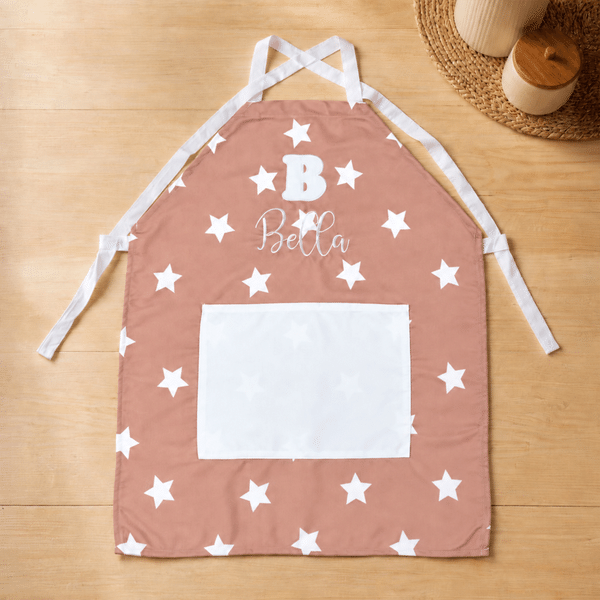 Personalized Embroidered Checkered Stars Polka Dots Pocket Apron with Initial and Name Kitchen Birthday Gift for Kids Cooking Lovers