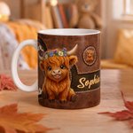 Tasse à café en céramique de 11 oz, motif vintage personnalisé « vache des Highlands » en cuir, avec prénom – Cadeau d'anniversaire pour un usage quotidien, destiné aux amateurs de vaches des Highland
