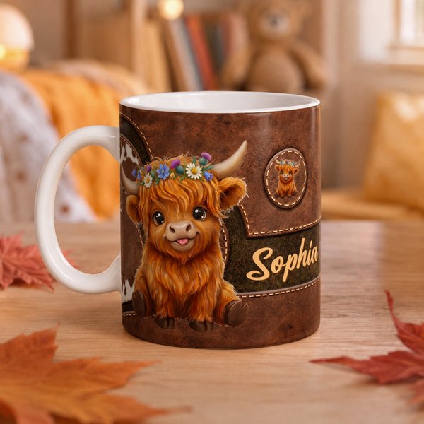 Taza de café de cerámica de 11 oz con diseño vintage personalizado de una vaca de las Highlands en piel y nombre, ideal para el uso diario y como regalo de cumpleaños para los amantes de las vacas de 