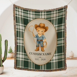 Personalised Western Cowboy Horse Pattern Soft Tassel Throw Blanket with Name and Year Home Decor Baby Shower Birthday Gift for Cowboys Kids