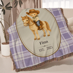 Personalised Western Cowboy Horse Pattern Soft Tassel Throw Blanket with Name and Year Home Decor Baby Shower Birthday Gift for Cowboys Kids