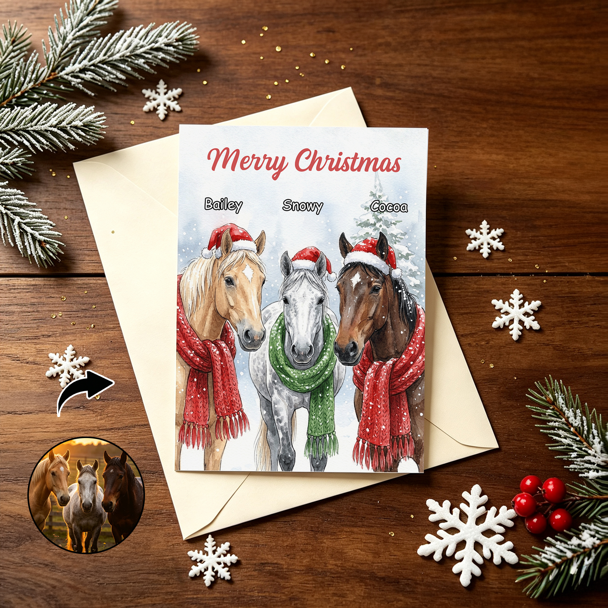 Personalisierte Grußkarte mit einem Aquarellporträt eines Pferdes mit Weihnachtsmütze, versehen mit Namen und Text – Weihnachtsgeschenk für Pferdebesitzer