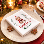 Personalised 3D-Effect Art Photo Holly Reindeer 100% Cotton Christmas Napkin with Name Table Decor Christmas Gift for Kids Family Friends
