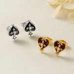 Orecchini a bottone personalizzati in argento sterling con croce gotica di lusso, pietra natale e simboli del poker (picche, cuori, diamanti e fiori) – Regalo per festa di compleanno per donne