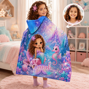 Personalised 3D-Effect Artwork Cartoon Mermaid Photo Ocean Animals Soft Hooded Blanket with Name Birthday Christmas Gift for Kids