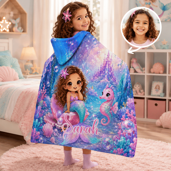 Personalized 3D-Effect Artwork Cartoon Mermaid Photo Ocean Animals Soft Hooded Blanket with Name Birthday Christmas Gift for Kids