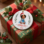 Personalised 3D-Effect Artwork Santa Hat Cartoon Character Photo Ceramic Ornament with Name and Year Tree Decor Christmas Gift for Family Friends