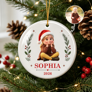 Personalised 3D-Effect Artwork Santa Hat Cartoon Character Photo Ceramic Ornament with Name and Year Tree Decor Christmas Gift for Family Friends