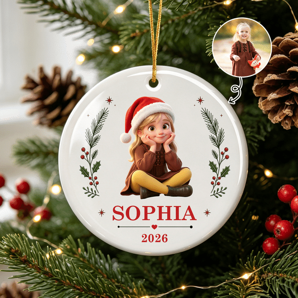 Personalised 3D-Effect Artwork Santa Hat Cartoon Character Photo Ceramic Ornament with Name and Year Tree Decor Christmas Gift for Family Friends
