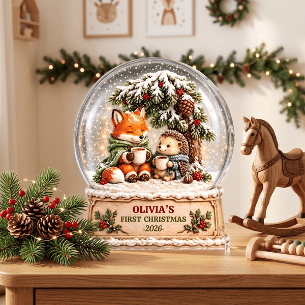 Personalised 3D-Effect Artwork Fox Hedgehog Crystal Ball Clear Acrylic Plaque with Name and Year Home Decor Baby's 1st Christmas Gift for New Baby