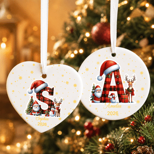 Personalized Christmas Theme Santa Hat Heart Circle Ornament with Name and Initial Home Decor Christmas Party Gift for Kids Friends