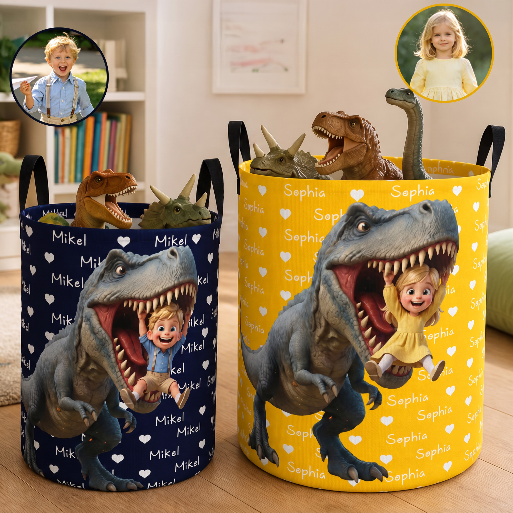 Individuell gestalteter, wasserfester Aufbewahrungskorb mit 3D-Effekt, Cartoon-Motiv, Dinosaurier-Foto und Namenszug – Weihnachts- oder Geburtstagsgeschenk für Dinosaurier-Fans