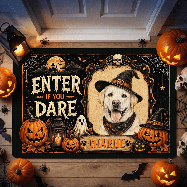 Zerbino antiscivolo personalizzato con foto del proprio animale domestico a tema Halloween e nome – Decorazione per porta – Regalo di Halloween per gli amanti degli animali domestici e i proprietari