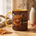 Tasse à café en céramique de 11 oz, motif vintage personnalisé « vache des Highlands » en cuir, avec prénom – Cadeau d'anniversaire pour un usage quotidien, destiné aux amateurs de vaches des Highland