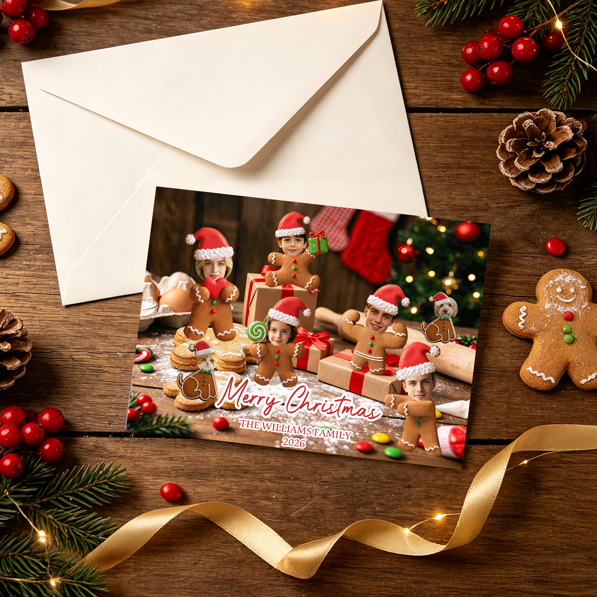 Individuell gestaltete, lustige Grußkarte mit einem Familienfoto des Lebkuchenmännchens, mit Familiennamen und Jahreszahl – Weihnachtsgeschenk für Familie, Freunde und Haustierbesitzer
