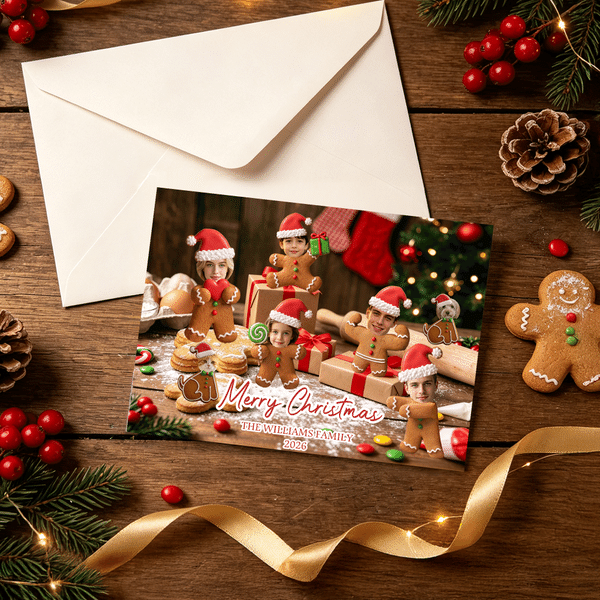 Personalized Funny Gingerbread Man Family Photo Greeting Card with Family Name and Year Christmas Gift for Family Friends Pet Owners