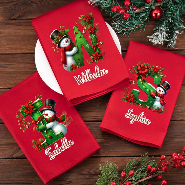 Personalisierte 100% Baumwolle Serviette mit Schneemann-Initiale & Namen | Wiederverwendbar | Tischdeko | Weihnachten Geschenk für Familie & Freunde