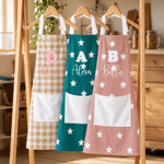 Personalized Embroidered Checkered Stars Polka Dots Pocket Apron with Initial and Name Kitchen Birthday Gift for Kids Cooking Lovers