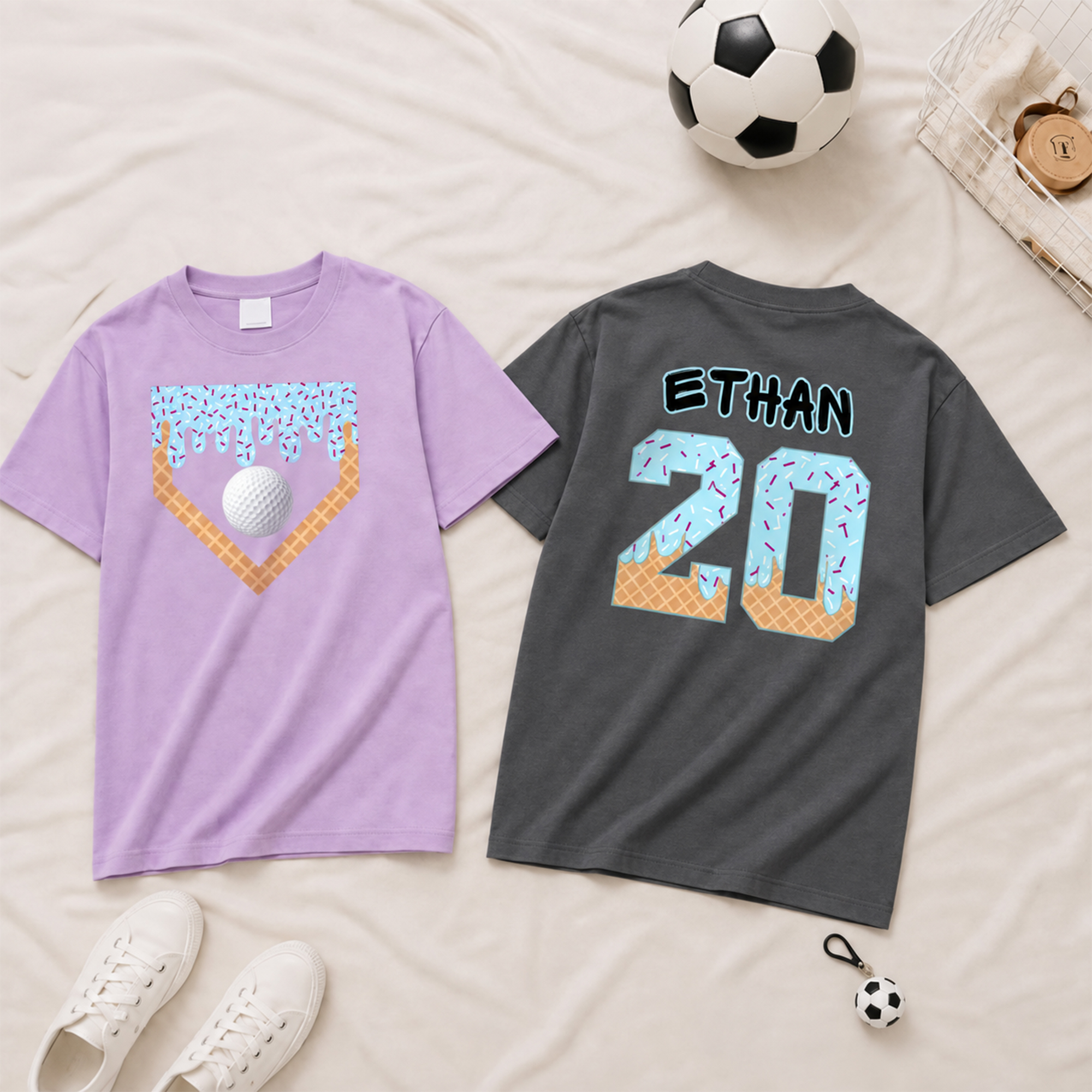 Individuell gestaltetes Baseball-T-Shirt mit Eiscreme-Motiv, Namen und Nummer – für den Alltag, Baseballspiele und als Geburtstagsgeschenk für sportbegeisterte Jungen