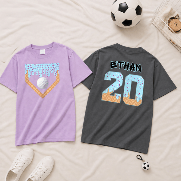 Personalized Baseball Ice Cream Drip T-shirt with Name and Number Daily Wear Baseball Game  Birthday Gift for Boys Sport Lovers