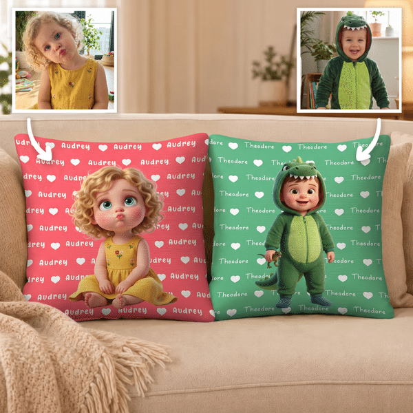 Personalized Cartoon Character Photo Soft Throw Pillow Cover with Name Home Decor Birthday Gift for Kid