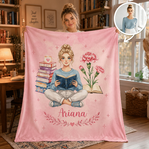 Personalised Watercolor Reading Character Photo Birth Flower Soft Throw Blanket with Name and Photo Home Decor Birthday Gift for Book Lovers Readers