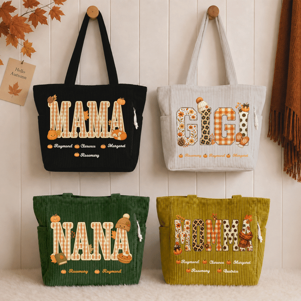 Personalized Fall Pumpkin Art Nickname Large Capacity Corduroy Tote Bag with 1-6 Names Daily Use Thanksgiving Birthday Gift for Family Mom Grandma