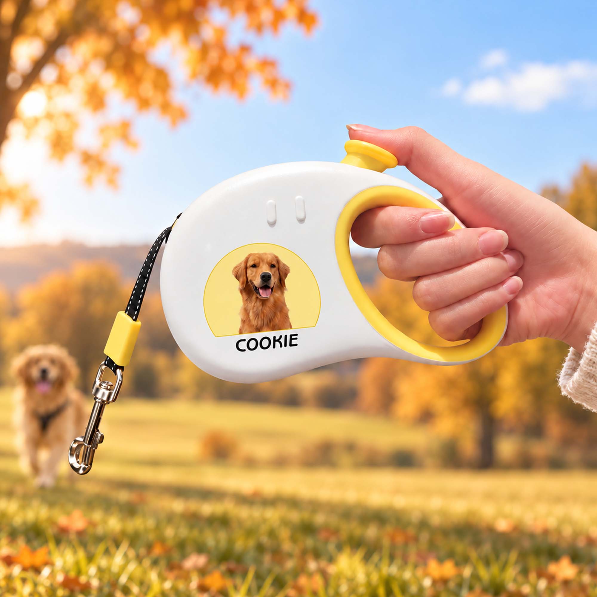 Personalisierte Hundeleine mit Foto & Namen | 3 m reflektierendes Gurtband | Rollleine | Hundezubehör | Geschenk für Herrchen & Frauchen
