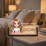 Veilleuse LED personnalisée avec photo d'un personnage de dessin animé représentant une technicienne en ongles, avec prénom et nom du salon – Décoration de table et cadeau de bienvenue pour les techni