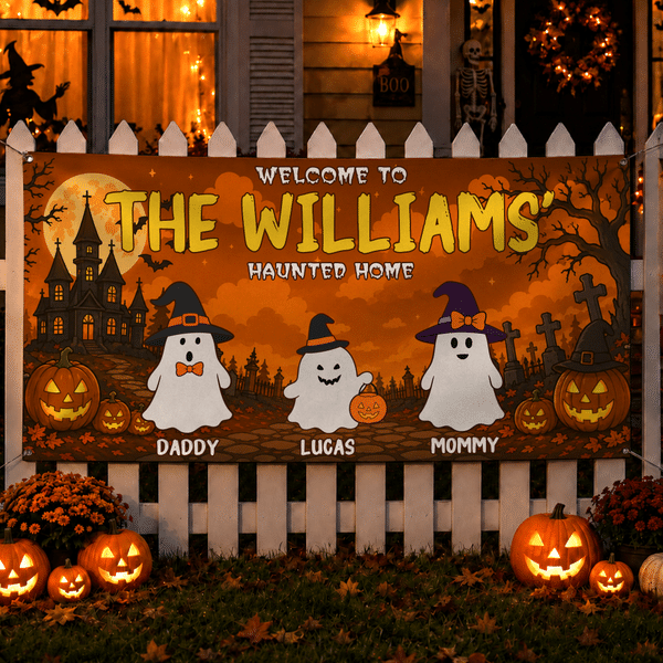 Personalized Halloween Theme 2-6 Ghosts Banner Backdrop with Name Wall Decoration Halloween Family Party Gift for Halloween Lovers