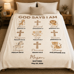 Personalized God Says I Am Cross Animal Soft Throw Blanket with Name and Date Nursery Decor Baptism Gift for Newborns Parents