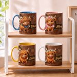 Tasse à café en céramique de 11 oz, motif vintage personnalisé « vache des Highlands » en cuir, avec prénom – Cadeau d'anniversaire pour un usage quotidien, destiné aux amateurs de vaches des Highland