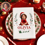 Personalised 3D-Effect Art Photo Holly Reindeer 100% Cotton Christmas Napkin with Name Table Decor Christmas Gift for Kids Family Friends