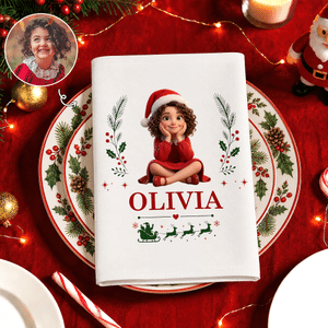 Personalised 3D-Effect Art Photo Holly Reindeer 100% Cotton Christmas Napkin with Name Table Decor Christmas Gift for Kids Family Friends