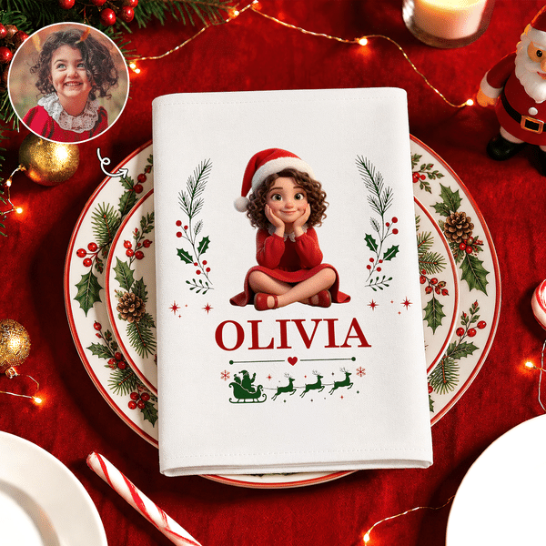 Personalised 3D-Effect Art Photo Holly Reindeer 100% Cotton Christmas Napkin with Name Table Decor Christmas Gift for Kids Family Friends