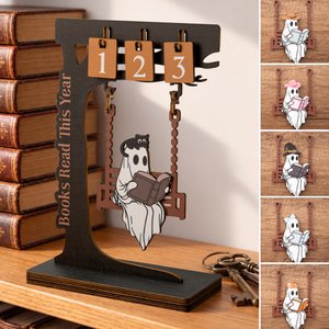 Letrero decorativo personalizado de madera con forma de columpio de fantasmas, para libros, con texto y contador de lecturas; regalo de Halloween, cumpleaños o para un club de lectura, ideal para los 