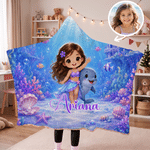 Personalized 3D-Effect Artwork Cartoon Mermaid Photo Ocean Animals Soft Hooded Blanket with Name Birthday Christmas Gift for Kids