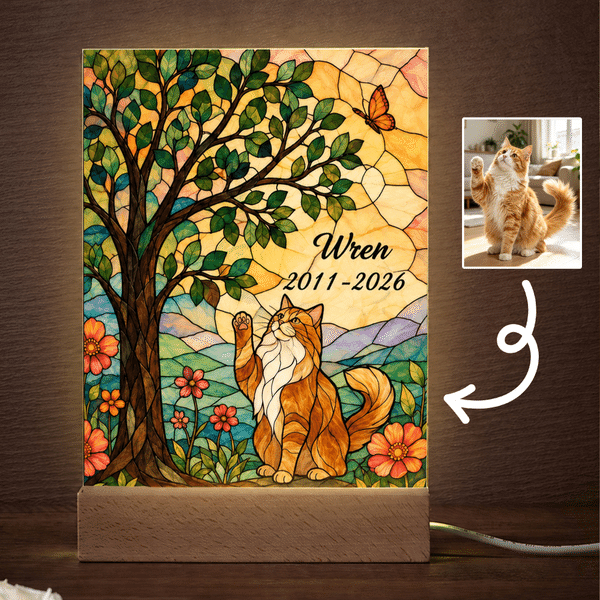 Personalised Stained Glass Style Pet Photo Clear Acrylic LED Night Light with Name and Year Pet Memorial Birthday Anniversary Gift for Pet Owners