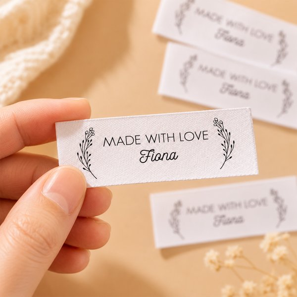 Personalized Botanical Pattern 100% Cotton Sewing Labels Set of 50 with Text Clothing Handmade Item Birthday Gift for Knitting DIY Craft Lovers