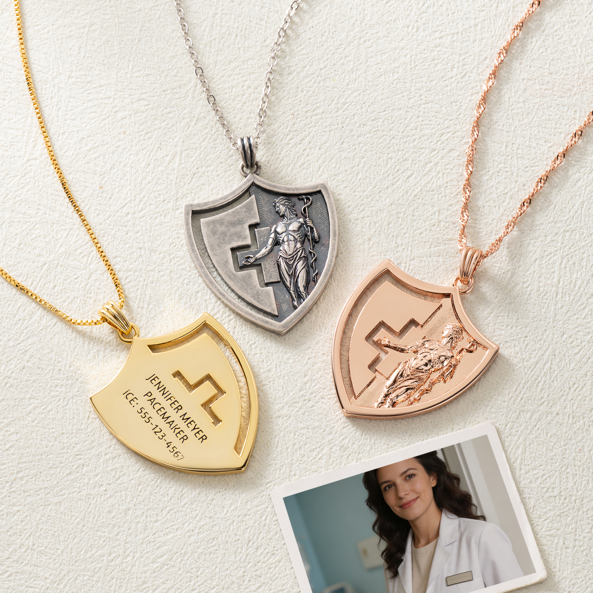 Personalised Cross Medical Alert Protective Shield Asclepius Sterling Silver Necklace with Engraved Emergency Information Birthday Gift for Men Women