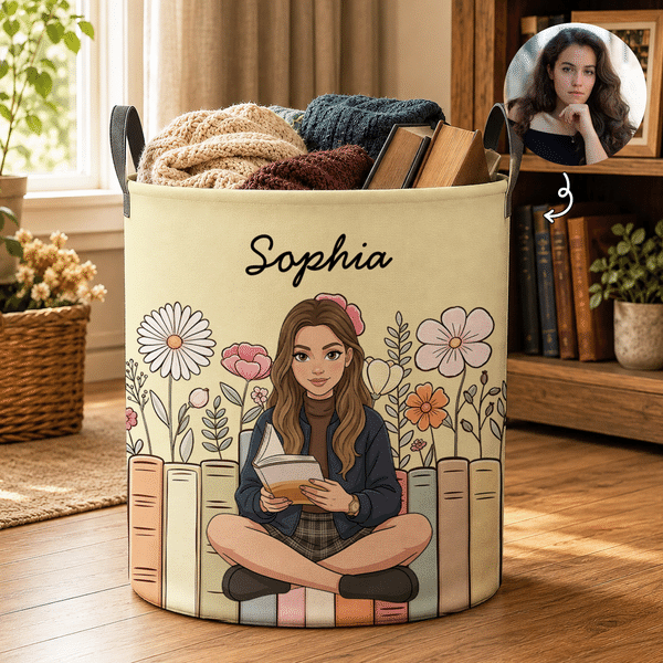 Personalized 3D-Style Reading Character Artwork Large Capacity Storage Laundry Basket with Name Room Decor Birthday Gift for Bookworms Readers