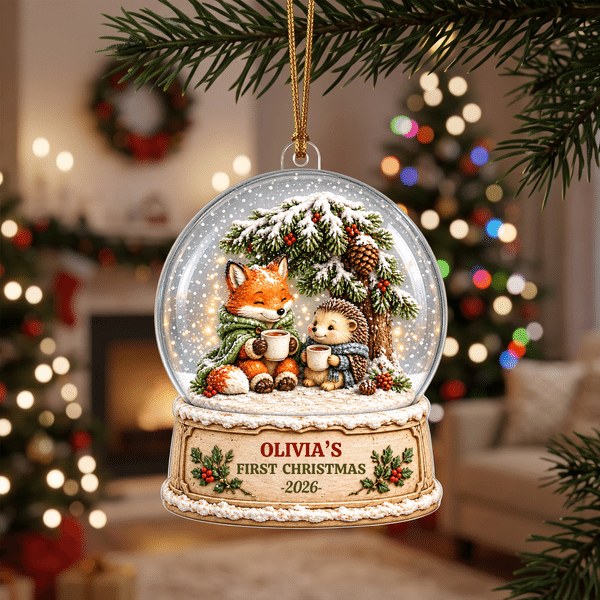 Personalized 3D-Effect Artwork Christmas Fox Hedgehog Acrylic Ornament with Name and Year Tree Decor First Christmas Gift for New Parents